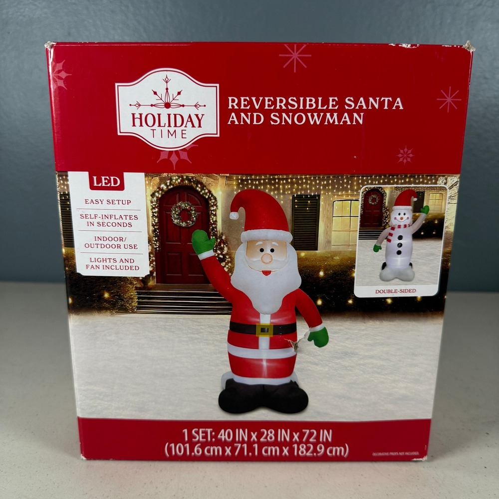 Holiday Time 6ft Reversible Santa and Snowman Christmas Inflatable LED 72in Tall
